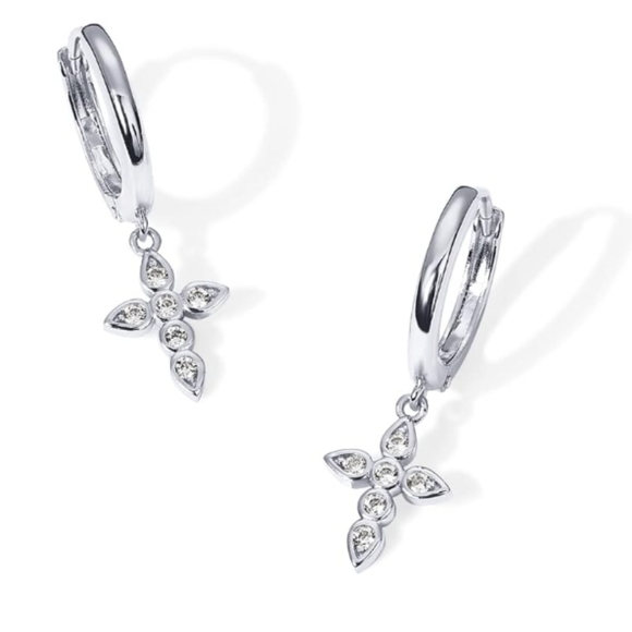 14K Gold Plated Lightweight Drop Dangle Huggie Hoop Cross Earrings White Gold - Picture 2 of 6